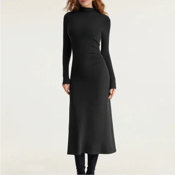 OGL ProWarm Long Sleeve Mockneck Tucks Midi Dress Black Size L NWT - Picture 2 of 6